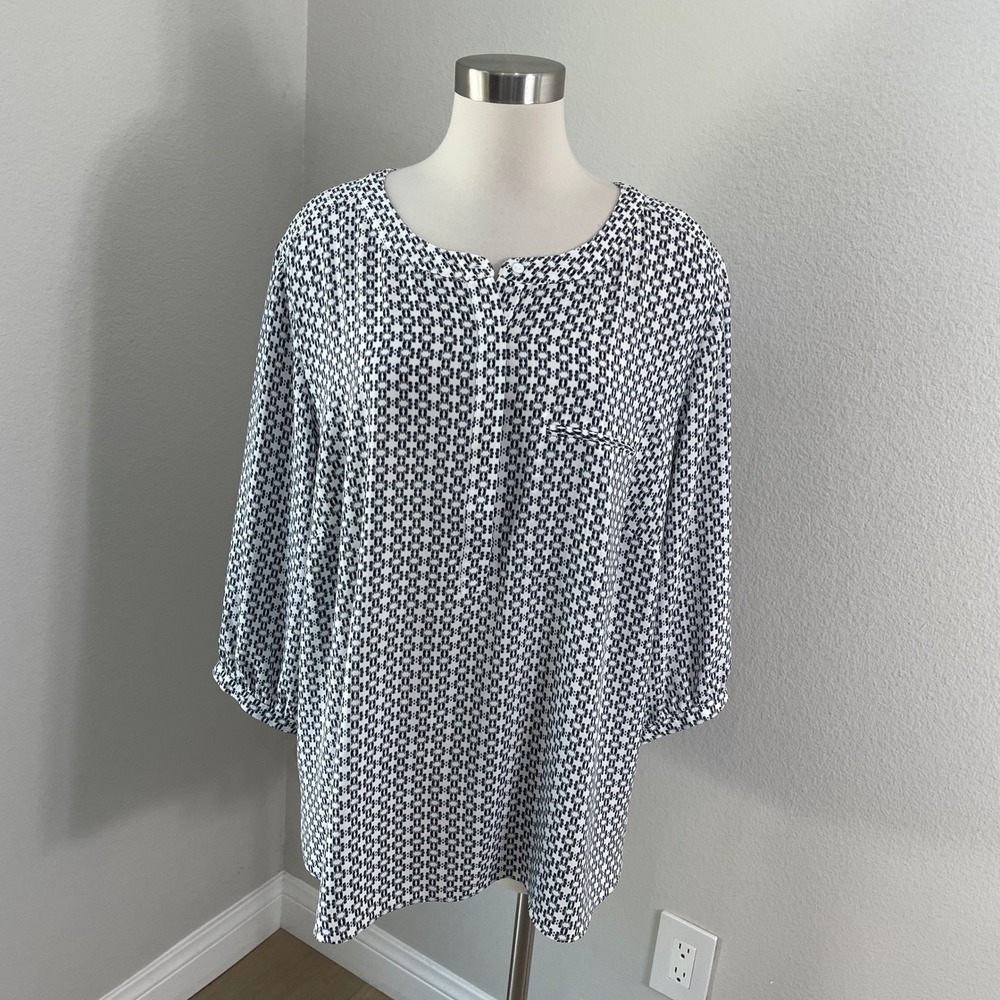 NYDJ Womens Plus 2X Abstract Geometric Split Neck 3/4 Sleeve Tunic Top Blouse